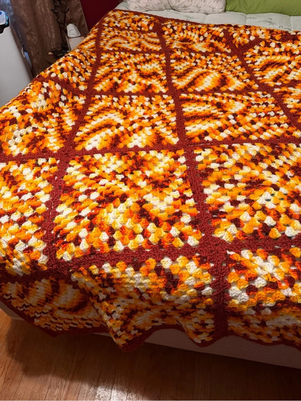Handmade Crochet Bedspread in Autumn Orange and Cream